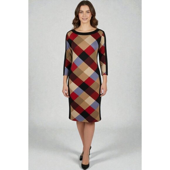 Nine West Womens Black Geometric Plaid Sheath Dress Size 10 Quarter Sleeve Midi - Picture 3 of 9